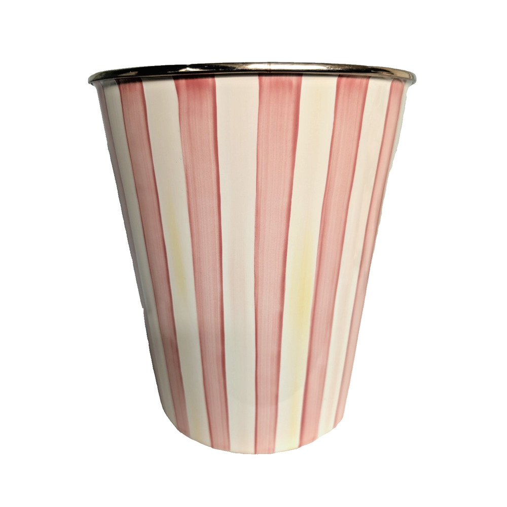 Vintage MacKenzie-Childs BATHING HUT Pink Stripes Waste Bin Trash Can 2005